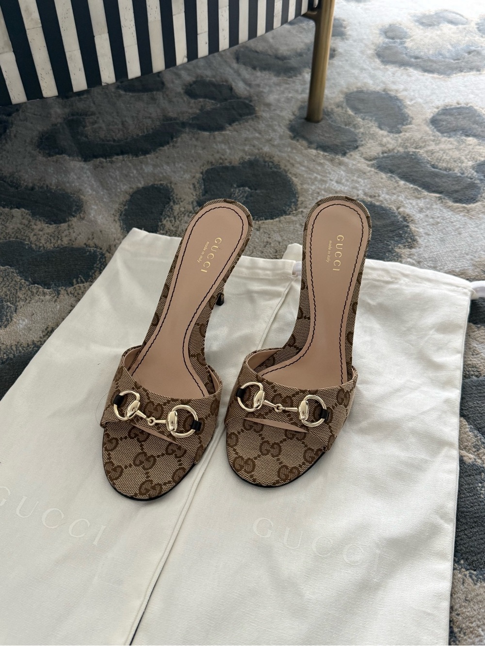 Gucci Brown GG Canvas Horsebit Mules with Gold Hardware